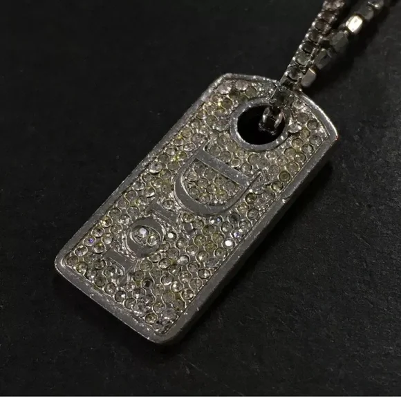 Authentic Christian Dior Logo Plate Rhinestone Silver Tone Pendant Necklace - Picture 9 of 16